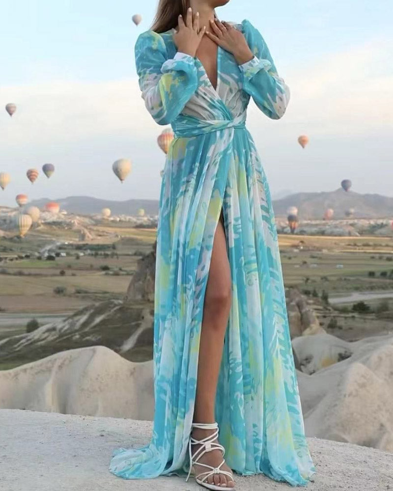 Deep V Long Sleeve Printed Slit Holiday Dress