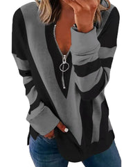 Printed long-sleeved V-neck zipper casual loose sweater