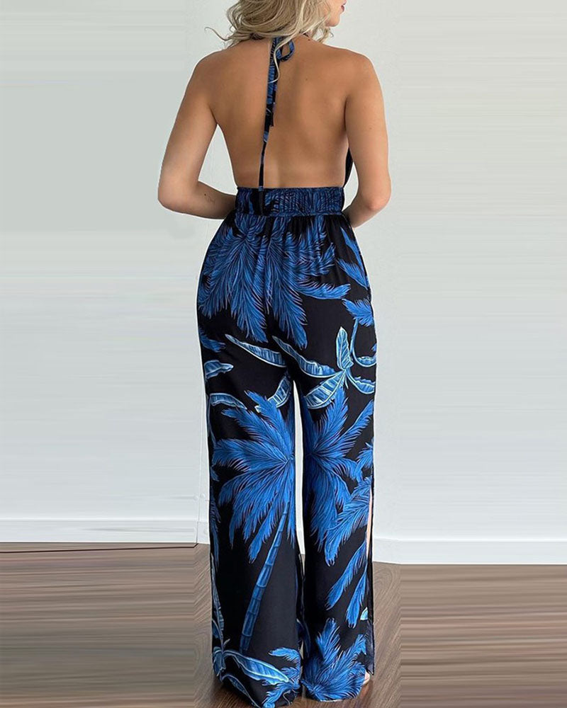 V-neck Halterneck Slit Printed Jumpsuit