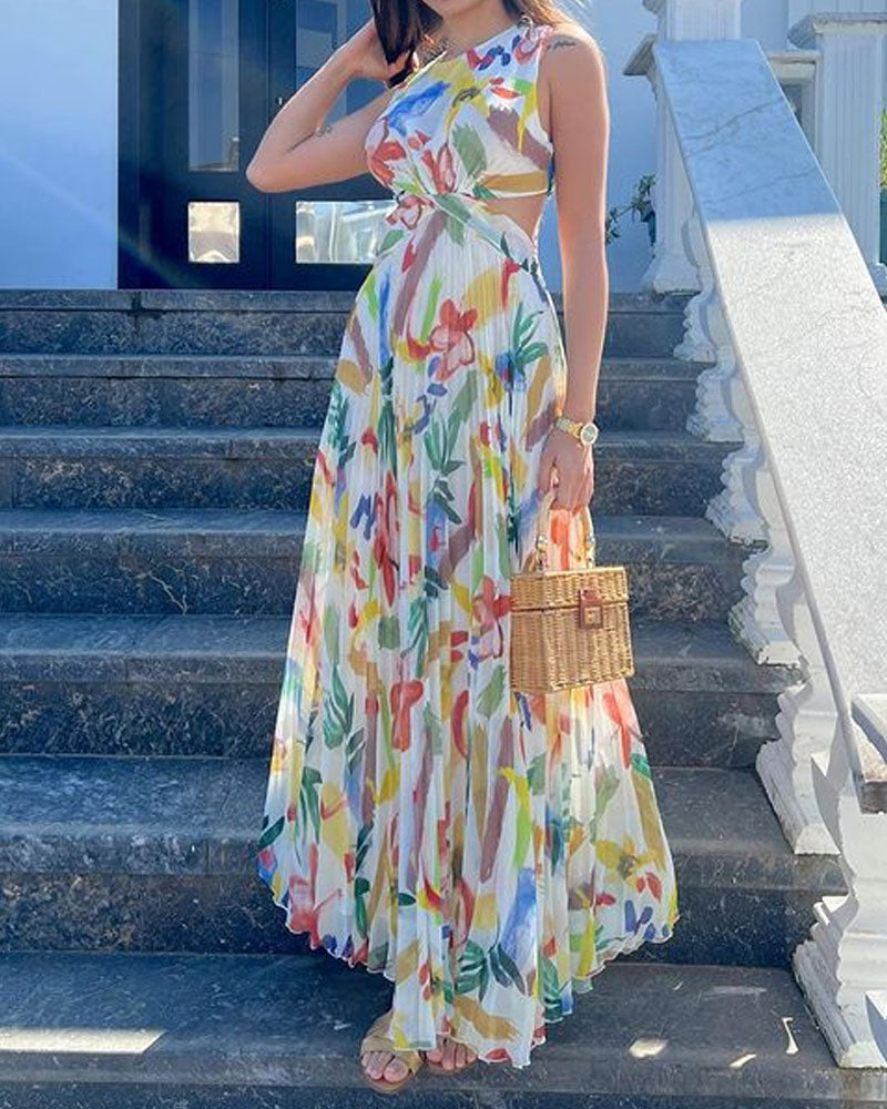 Casual Sleeveless Printed Pleated Dress