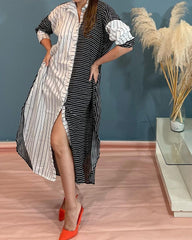 Casual Loose Lapel Striped Shirt Dress