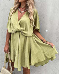 Elegant Solid Color V-neck Loose Dress