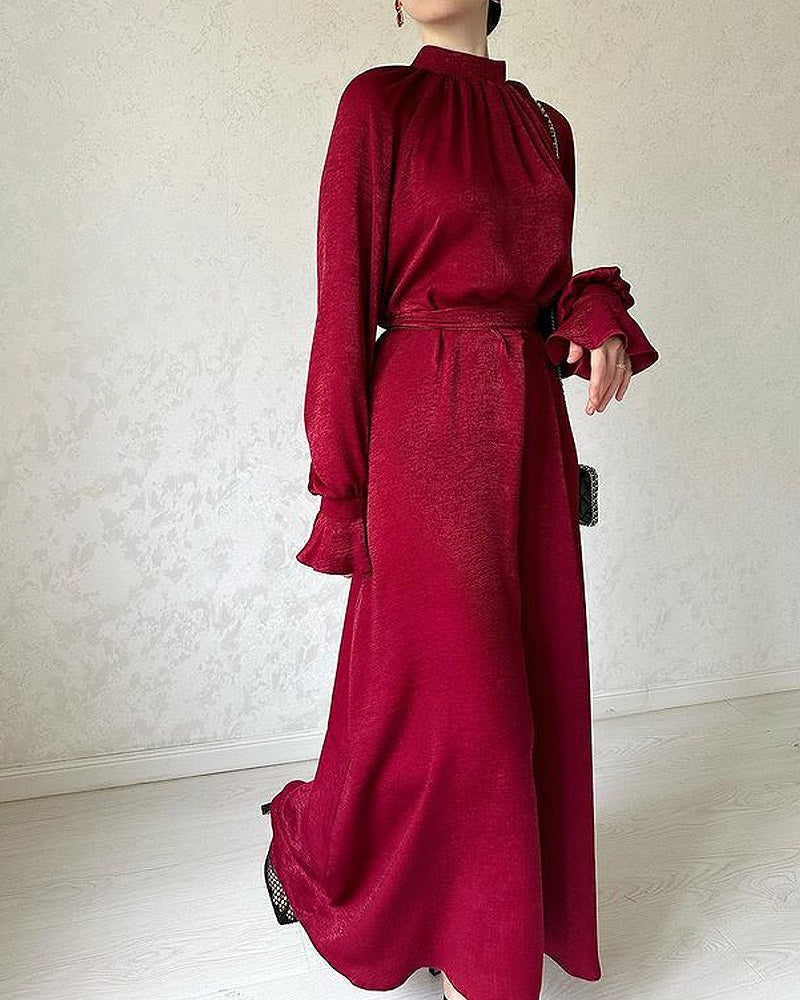 Solid Color Velvet Bell Sleeve Elegant Dress