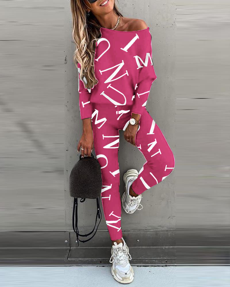 Casual Letter Print Long Sleeve Top & Pants Two-Piece Set