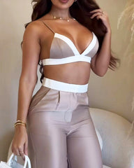 Colorblock Halter Top & High-waisted Straight-leg Pants Two-piece Set