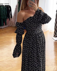 Polka-dot Floral One-shoulder Multi-layer Puff Sleeve Dress