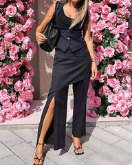 Solid Color Design Vest & Slit Wide-leg Pants Two-piece Set