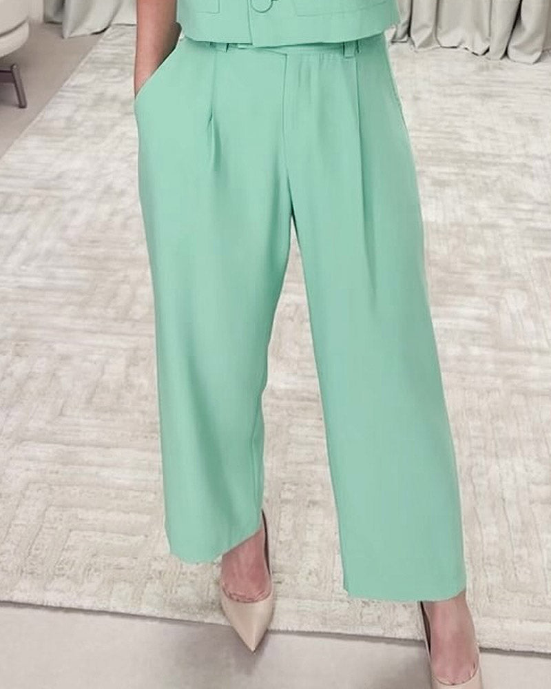 Solid Color Waistcoat Short Suit & High Waist Casual Pants Two Piece Set