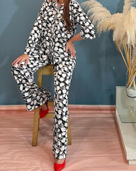 Lapel Long Sleeve Print Top & Pants Two-Piece Set