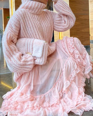 Solid Color Knitted Sweater & Lace Skirt Two-piece Set