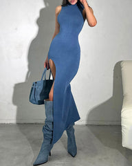 Solid Color Turtleneck Waistcoat Slit Slim Dress