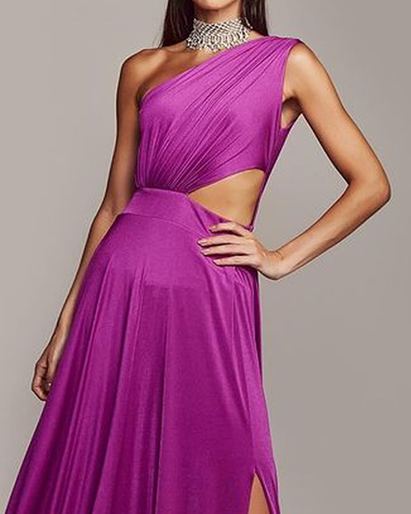 Fashion Solid Color One Shoulder Slit Dress