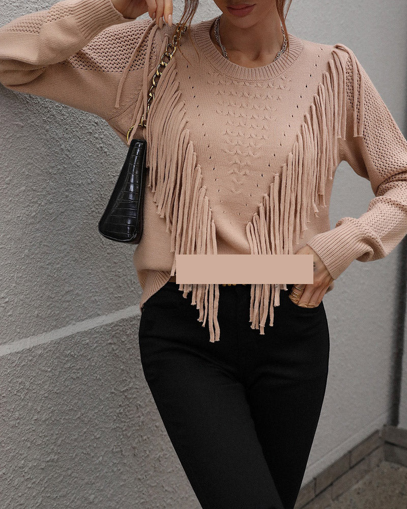 Solid Knit Turtleneck Fringed Sweater