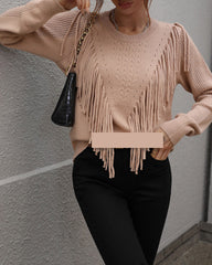 Solid Knit Turtleneck Fringed Sweater