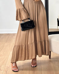 V-neck Trumpet Sleeve Solid Color Dress