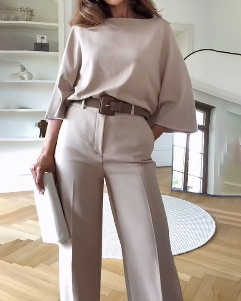 Round Neck Half-sleeved Top and Pants Two-piece Suit Without Belt