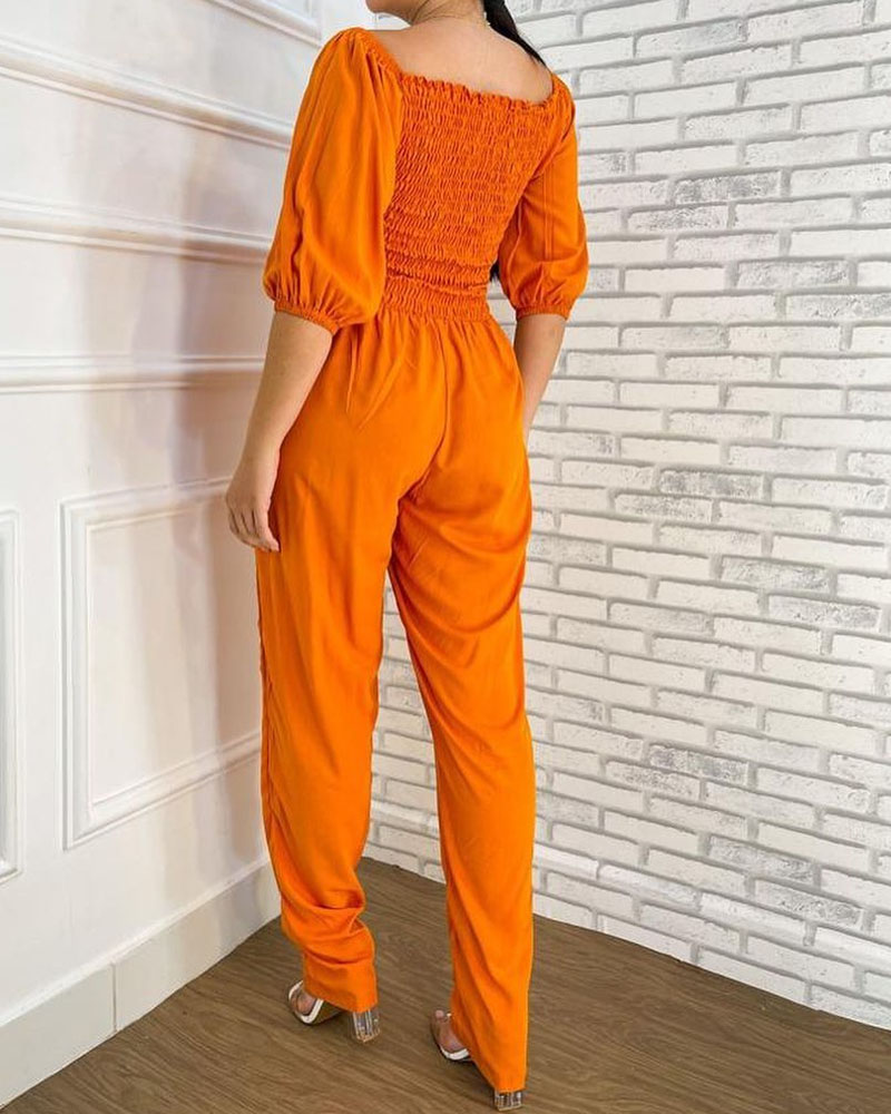 Casual Puff Sleeve Solid Color Jumpsuit