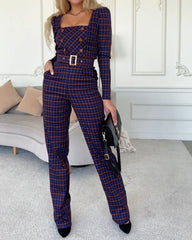 Fashionable Square Neck Plaid Jumpsuit