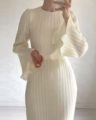 Solid Color Pleated Fungus Sleeve Slim Dress