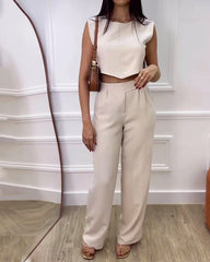 Solid Color Short Sleeve Top & Wide Leg Pants Two-piece Set