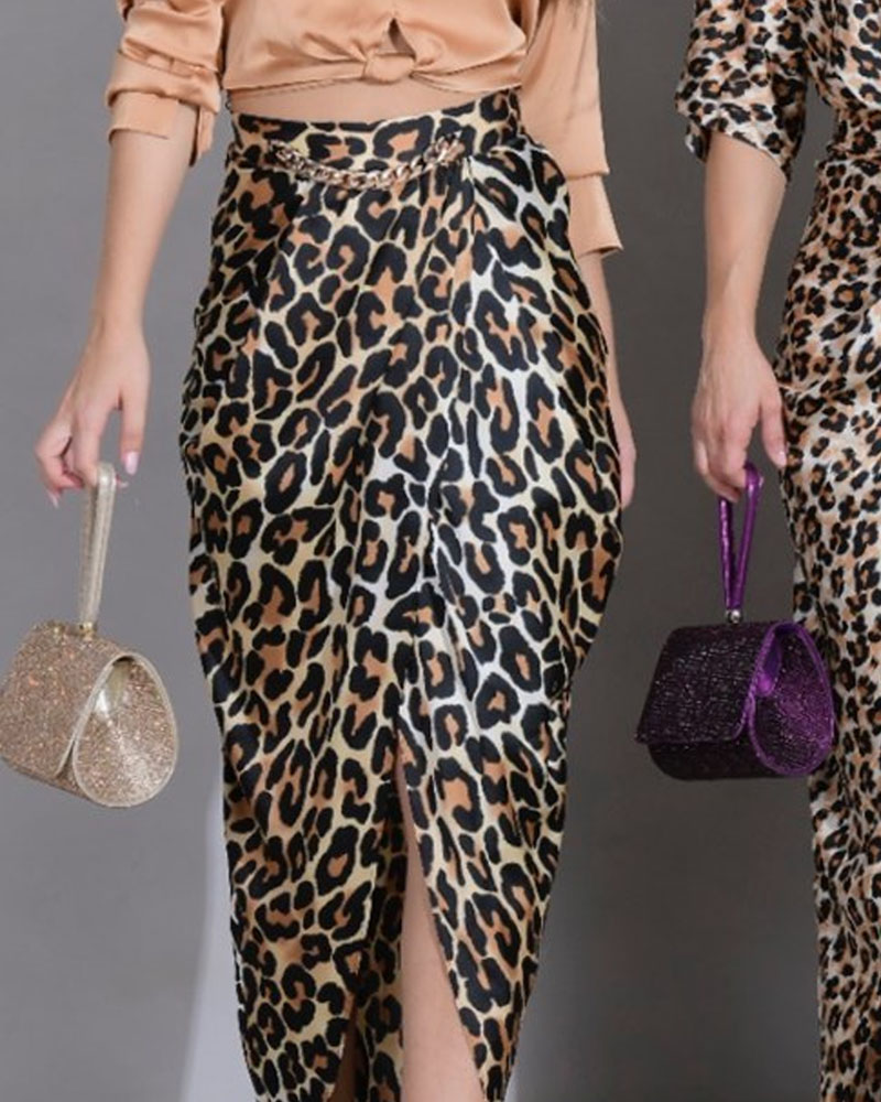 Casual Shirt & Leopard Print Skirt Two-Piece Set