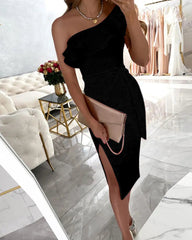 One-shoulder ruffled off-the-shoulder tie wrap hip dress