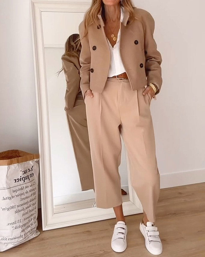 Solid Color Buttoned Casual Jacket & Wide-leg Nine-point Pants Two-piece Set