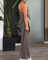 Solid Color Halter Neck Halter Top & Wide Leg Pants Two-piece Set