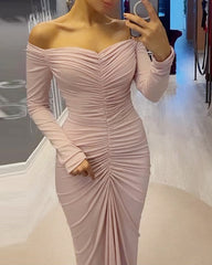 One shoulder waist solid color pleated dress