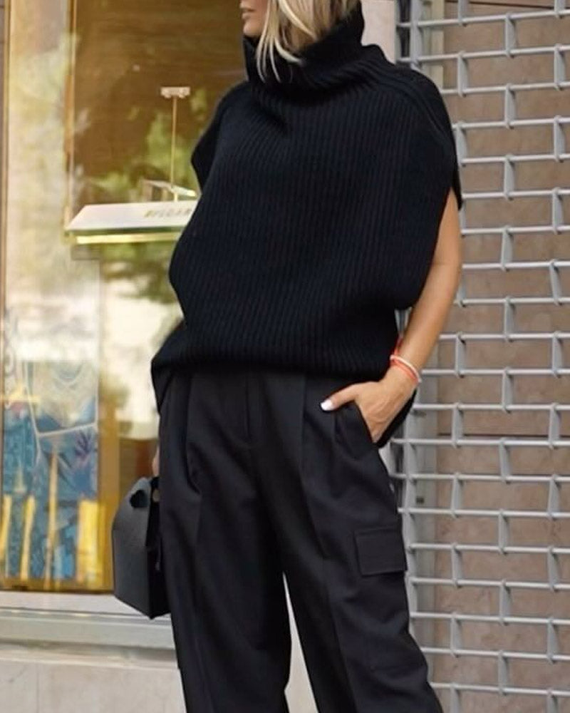 Solid Color Turtleneck Vest & Casual Pants Two-piece Set