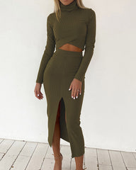 High-neck long-sleeved T-shirt high waist bag hip slit skirt casual suit