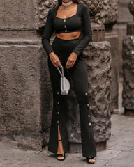 Solid Color Crop Top & High Waist Slit Buttoned Trousers Two-piece Set