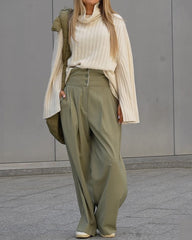 Solid Color Turtleneck Knitted Sweater & High-waisted Wide-leg Pants Two-piece Set