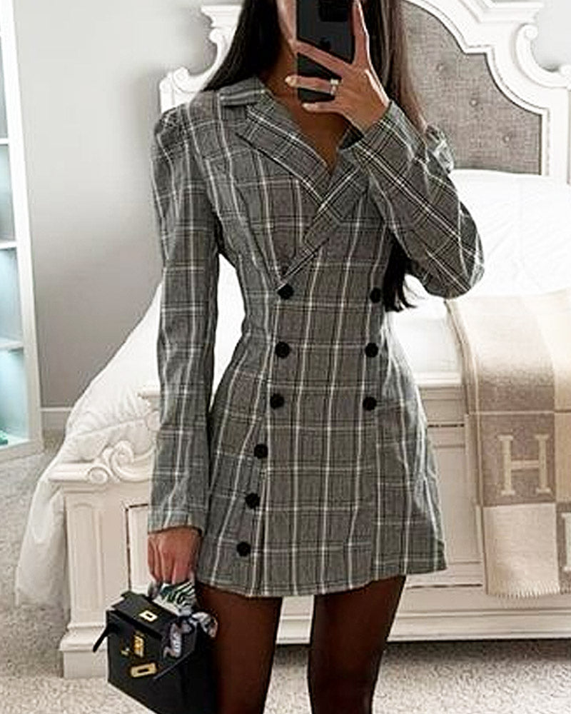 Elegant Plaid Double Breasted Slim Fit Suit Dress