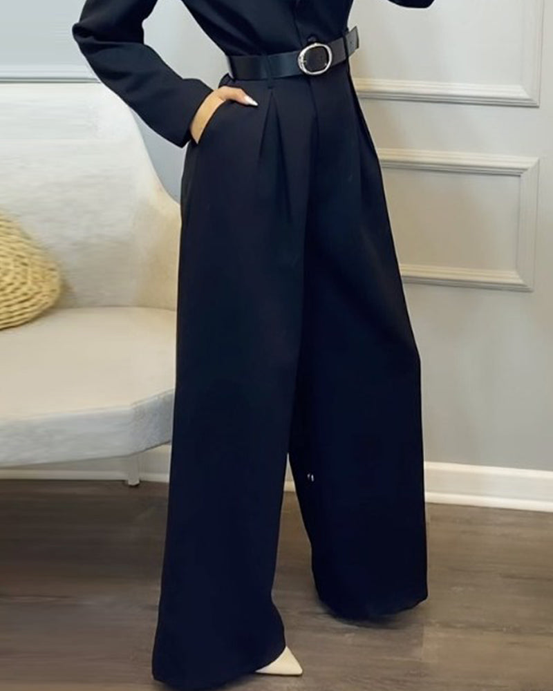 Lapel V-neck solid color waist jumpsuit (belt included)