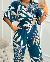 Shirt Collar Nipped Waist Print Jumpsuit