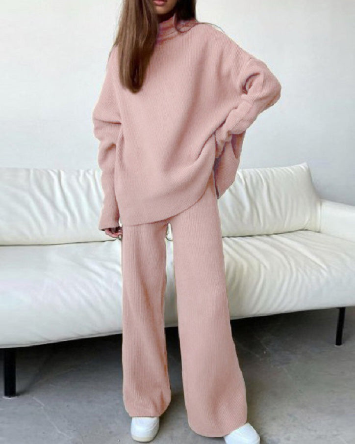 Knit solid color casual two-piece suit with high neck