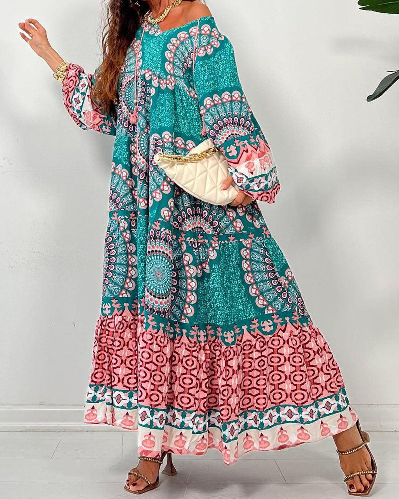 Vintage Print V-Neck Long Sleeve Dress