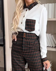 Fashionable Patchwork Lapel Shirt & Plaid Trousers Two-piece Set