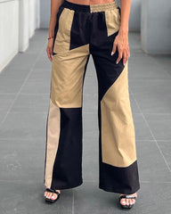 Irregular Color Block Zipper Crop Top & Wide Leg Pants Two-piece Set