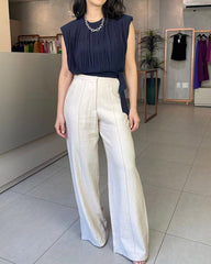 Solid Color Pleated Waistcoat Top & Wide-leg Pants Two-piece Set