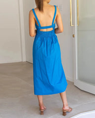 Solid color halter length dress with pleated straps