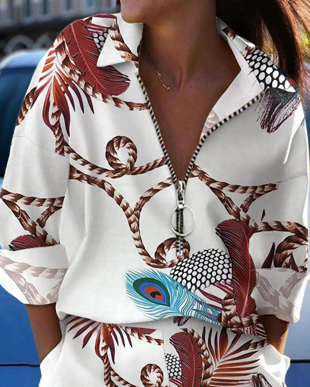 Printed zipper casual two-piece suit