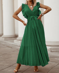 Lotus leaf sleeve Chiffon pleated skirt solid color dress