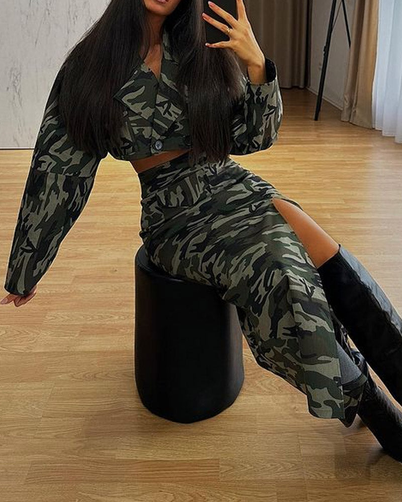 Camouflage Suit & High Waist Slit Skirt Two Piece Set