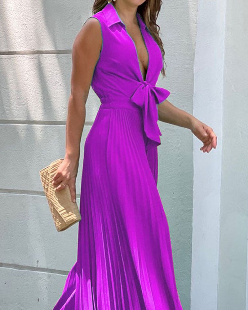 Fashionable V-neck Sleeveless Pleated Jumpsuit