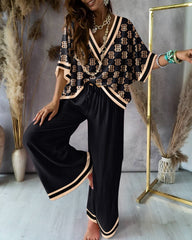 Casual Printed Top & Wide-leg Pants Set