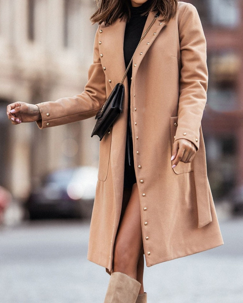 Double-breasted Studded Long-sleeve Lapel Coat