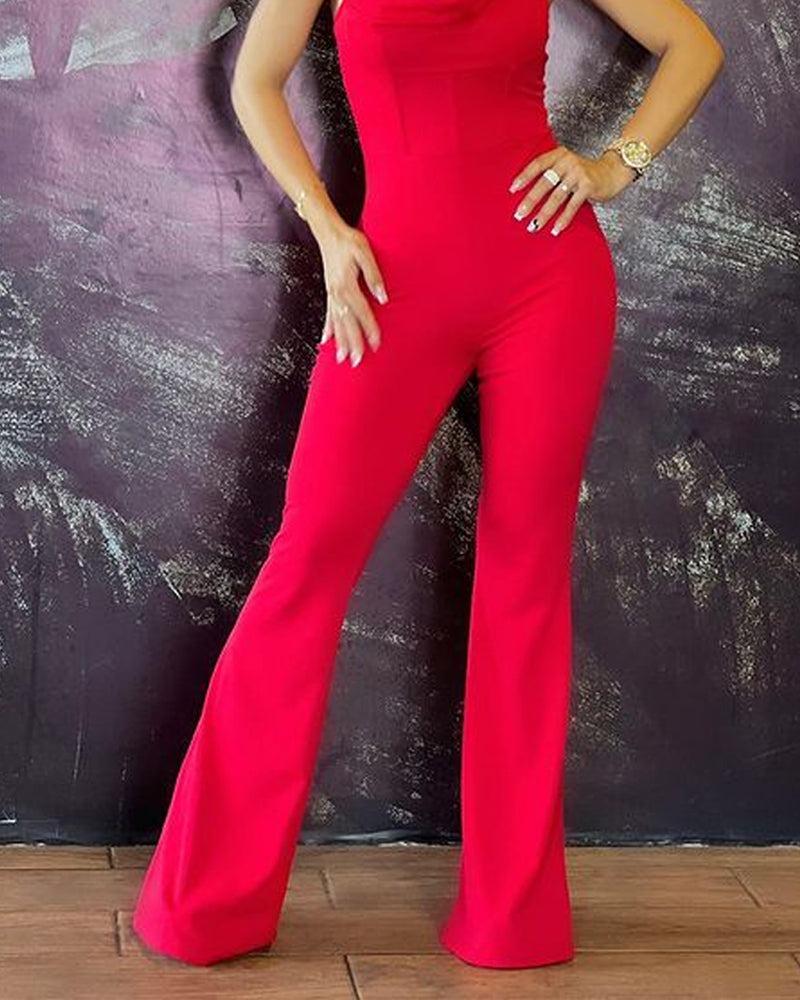 Fashion Solid Color Irregular Neck Jumpsuit