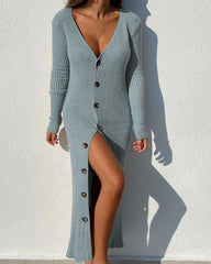 Knit Button Long Sleeve Cardigan Dress